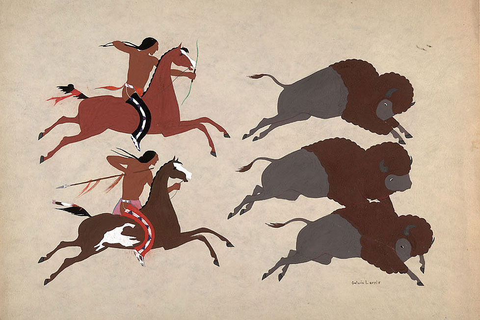 Painting on two men riding horses, hunting after three bison.