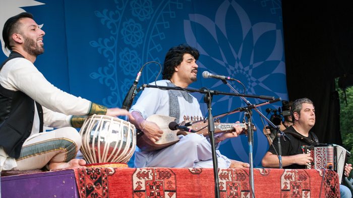 Salar Nader (left) and Homayoun Sakhi closed out the day on the Ralph Rinzler Concert Stage. At the end of their presentation of traditional Afghan music, they were joined by Basque trikitixa (accordion) sensation Kepa Junkera. Photo by J.B. Weilepp, Ralph Rinzler Folklife Archives