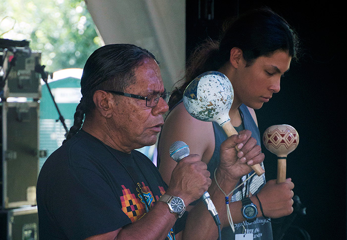 Stan Rodriguez (left) shares a song at the Sounds of California Stage & Plaza, accompanied by Raymond Martinez. Photo by Hank Douglas, Ralph Rinzler Folklife Archives