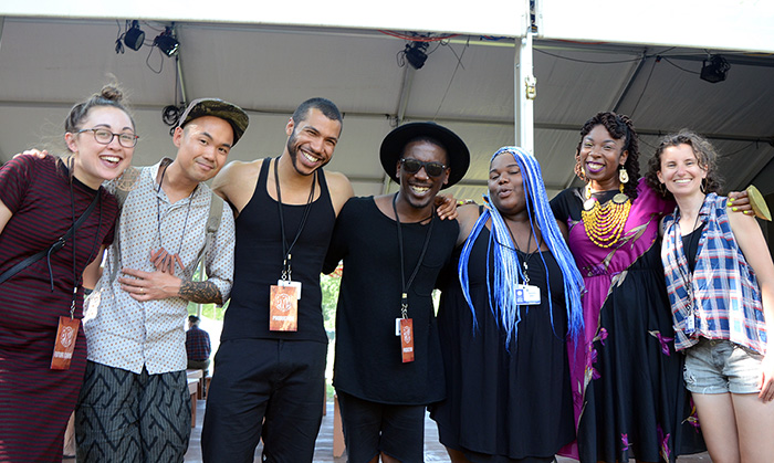 Members of Youth Speaks gather after their performance: (L-R) Isabella Borgeson, Smithsonian Asian Pacific American Center curator Adriel Luis, the gabrielanthony duo, Tassiana Willis, Antique, and Natasha Huey. Photo by Ravon Ruffin, Ralph Rinzler Folklife Archives 