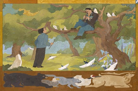 Digital, stylized illustration of two men in a forest: the elder sitting in a tree and playing a flute, the younger standing on the ground, looking up at him, also holding a flute. Around them are various white birds. Below them, in a brown frame, are five animals: black bear, bald eagle, gray wolf, white crane, and brown moose.