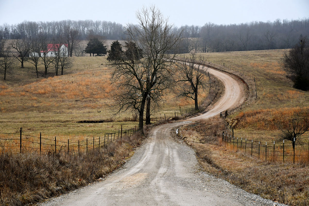 Gravel road sloping down toward a red-roofed farmhouse in the distance and bare trees at the horizon.