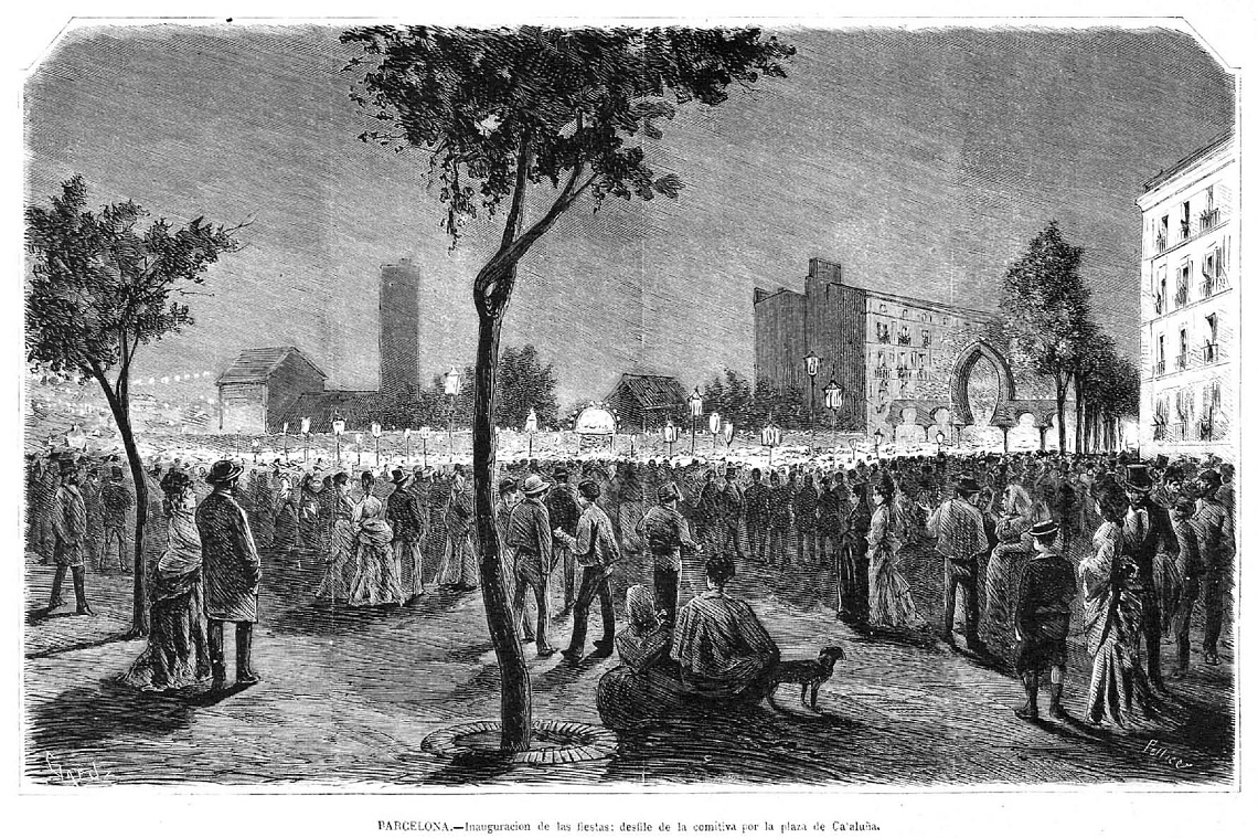 A nighttime plaza gathering in Barcelona, Catalonia. Drawing by José Luis Pellicer, engraving by Tomás Carlos Capuz, Wikimedia Commons