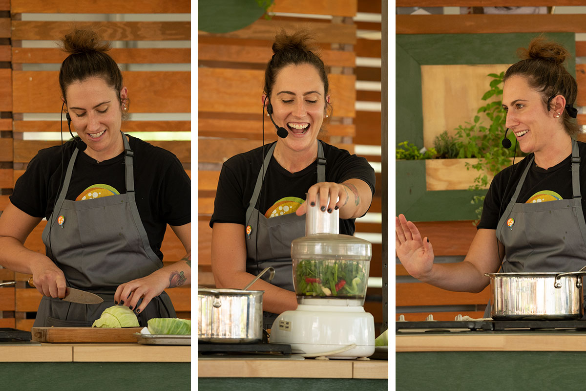Three photos side by side of the same woman, in a black T-shirt and gray chef's apron, chopping, processing, and cooking vegetables in a demonstration kitchen. She smiles in each.
