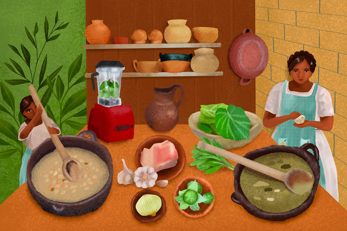 Digital illustration of a young child and a woman in a kitchen, among bowls of ingredients: a pot of beans, garlic, onions, tomatillos, greens, and meat. 