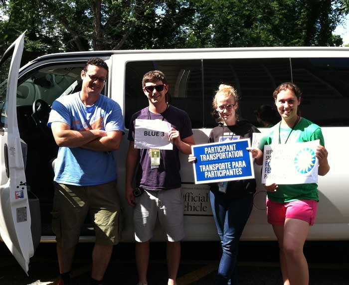 This is the greeting party that meets participants when they arrive in D.C. From L to R: Transportation coordinator Andrew Bautista, transportation assistant Jacob Spaar, participant coordinator Karen Stark, and participant intern Kelly Smale. Photo by Lucy Lundstrom.