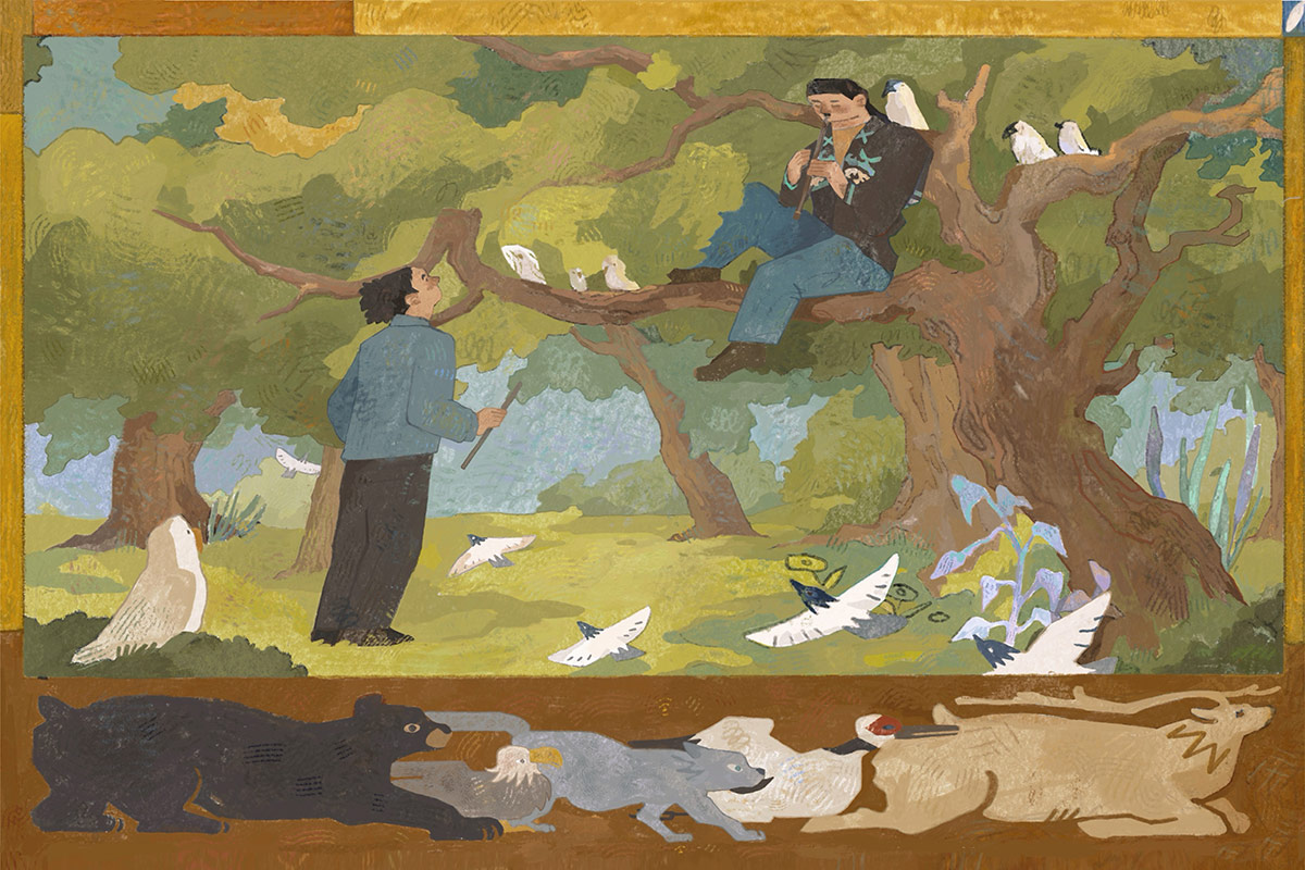 Digital, stylized illustration of two men in a forest: the elder sitting in a tree and playing a flute, the younger standing on the ground, looking up at him, also holding a flute. Around them are various white birds. Below them, in a brown frame, are five animals: black bear, bald eagle, gray wolf, white crane, and brown moose.