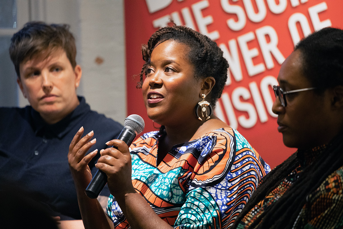 Maegan Wood, Kristina Gray, and Ebony Dumas in a panel discussion on women DJ collectives in Washington, D.C., August 8, 2019. Photo by Xueying Chang, Smithsonian