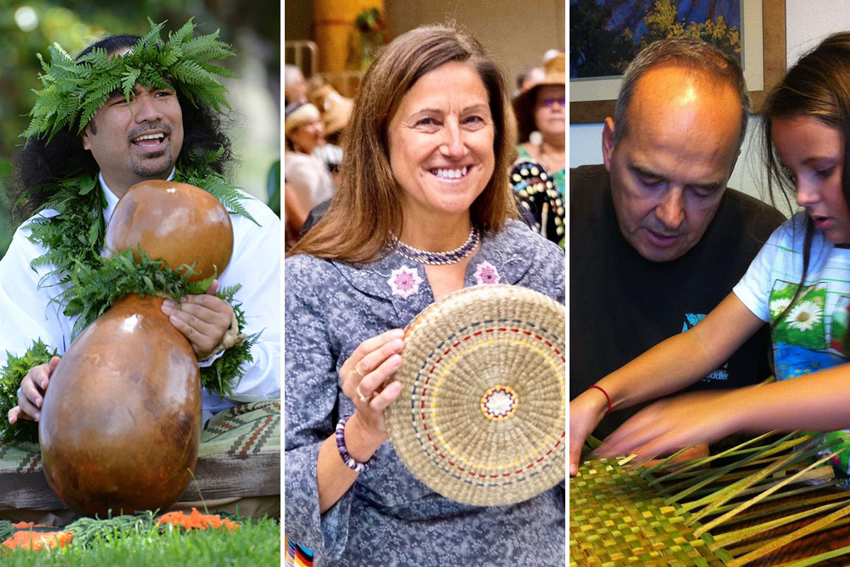 (Left) Hawaiian musician and singer Aaron J. Salā from Honolulu, Hawaiʻi, chants for a hula performance. (Middle) Penobscot basket maker Theresa Secord celebrates with basket weavers from across the United States and the Pacific Rim at Evergreen State College in Olympia, Washington. (Right) Alfred “Bud” Lane III of the Confederated Tribes of Siletz Indians in Oregon teaches his granddaughter Halli to weave a cattail mat. Photos by Kapulani Landgraf, courtesy of Theresa Secord, by Cheryl Lane