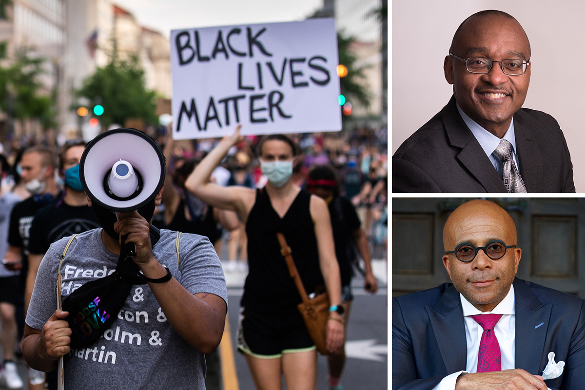 Collage of three images: on left, people marching down a street, with someone on a megaphone in the foreground, and a person holding a BLACK LIVES MATTER sign behind them. On the right, headshots of two Black men, both wearing glasses, suits and ties, and smiles.