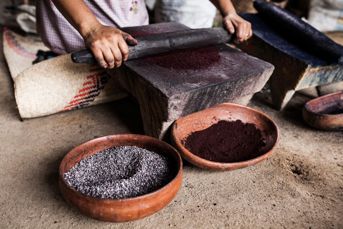 Grinding cochineal into powder <br><br>Photo courtesy of Porfirio Gutiérrez