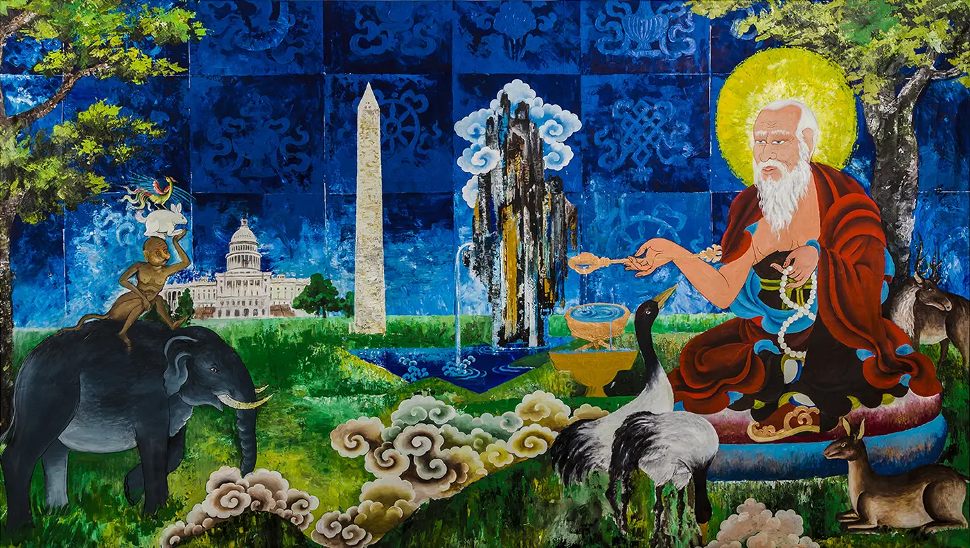 A large horizontal painting of an imaginary landscape filled with animals, water features, and architectural elements—including the U.S. Capital Building and the Washington Monument—is painted in predominantly blue and green. In the far-right foreground sits an old man with a yellow halo, wearing a red robe as he ladles water into a bowl for the birds and deer near his folded legs. 