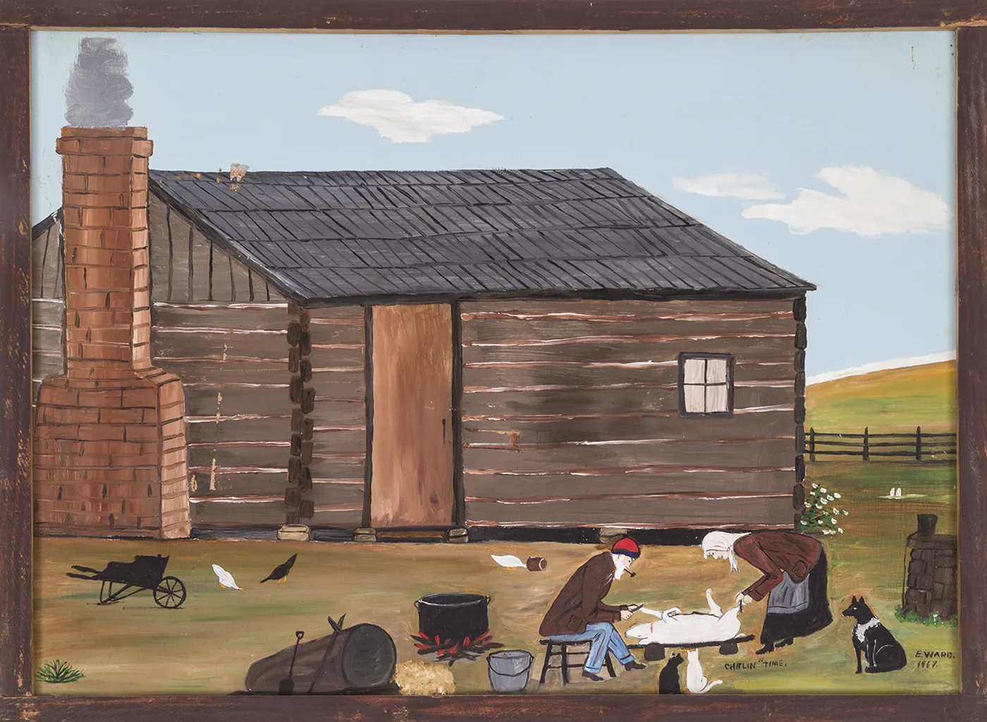 A framed painting of a log cabin against the backdrop of a rolling green hill and a blue sky. A male and female figure are working in the foreground, surrounded by various animals and farming equipment.   