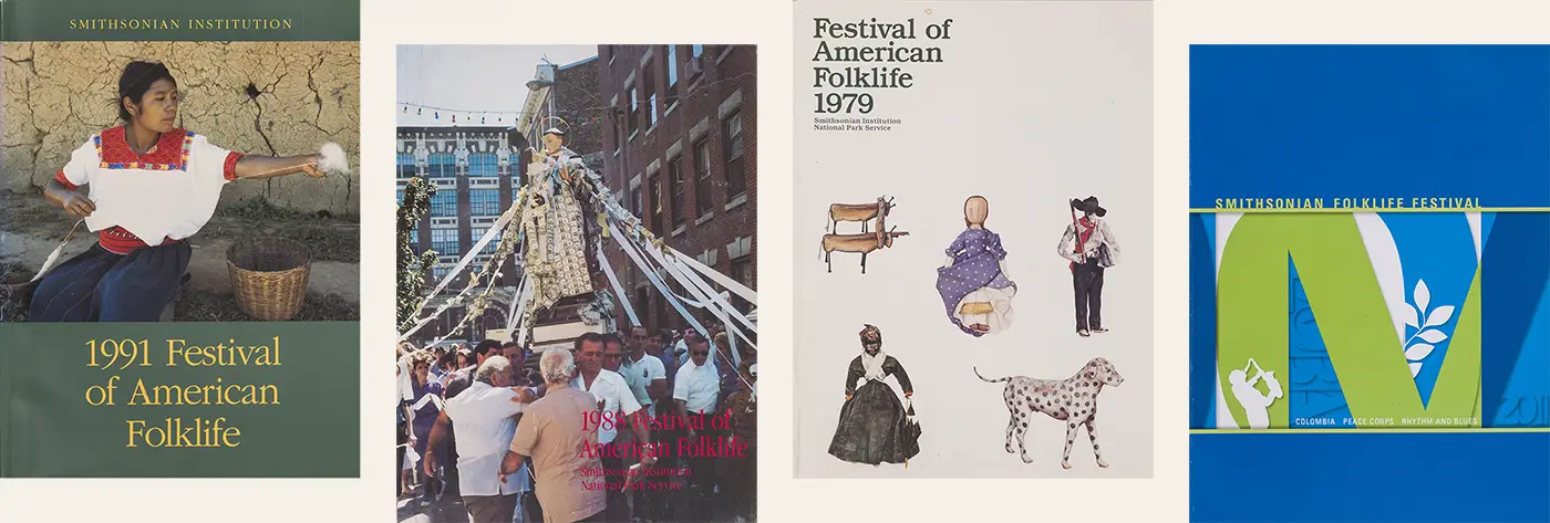 Four rectangular books placed side by side in a horizontal row—each featuring imagery celebrating folklore traditions and reading “Festival of American Folklife” or “Smithsonian Folklife Festival” followed by a year. 