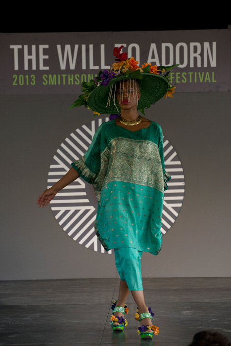 A model in the “Diaspora Inspiration” fashion show on the <i>Will to Adorn</i> program runway. Photo by Walter Larrimore, Ralph Rinzler Folklife Archives