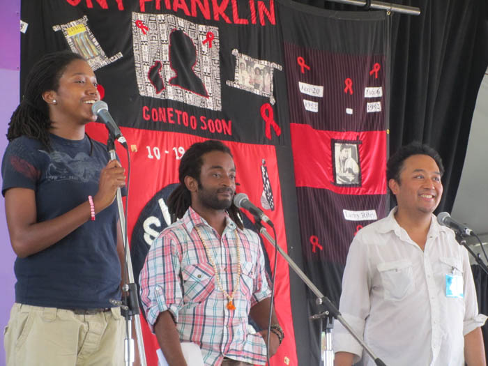 Mary Bowman, Dwayne Lawson-Brown, and Regie Cabico perform from the Red Hot stage of the Creativity and Crisis program. Photo by Patricia Wakida