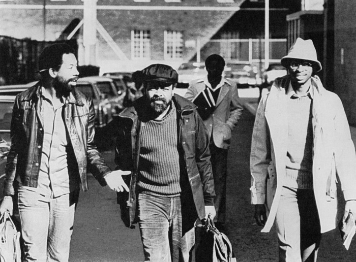 James Early (left) and Amiri Baraka (center), with poet E. Ethelbert Miller, after taping a WHUR radio interview at Howard University, 1979