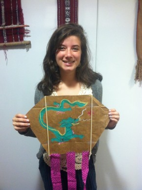 Emma Youcha with one of her paper bag kites for the Festival's China Family Activities tent. Photo by Abby August