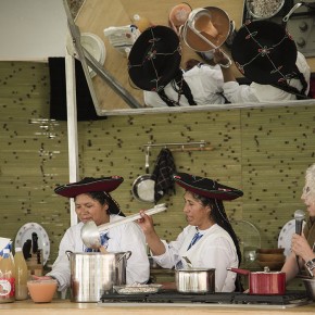 Before the alpaca ceremony, women from the Centro de Textiles Tradicionales del Cusco cooked up a batch of chicha (fermented corn drink) in El Fogón Kitchen to use as a key part of the ritual. Photo by Evan McGurrin, Ralph Rinzler Folklife Archives