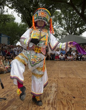 Steve Cotaquispe demonstrated the danza de tijeras (scissors dance), an enthralling display of dance and acrobatics. Photo by Francisco Guerra, Ralph Rinzler Folklife Archives