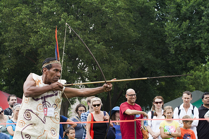 Men from the Wachiperi communities demonstrated their archery skills in the center area of the Mall. Their hand-carved arrows can be purchased in the Marketplace! Photo by Kadi Levo, Ralph Rinzler Folklife Archives