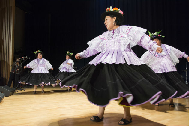 Tradiciones Carumeñas performed the danza sarawja in the Rasmuson theater. Photo by Michelle Arbeit, Ralph Rinzler Folklife Archives