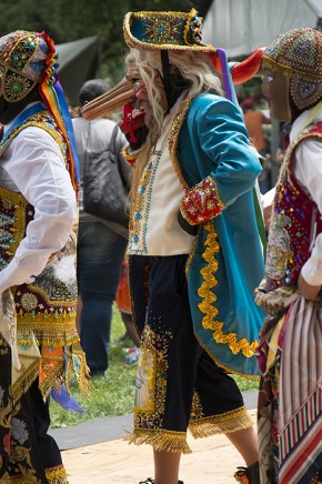 The long nose of this Contradanza mask in the Fiesta de la Virgen del Carmen pokes fun at Spanish captains. Photo by Willa Friedman, Ralph Rinzler Folklife Archives