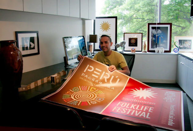 Art Director Josué Castilleja designed the logos for the Festival and the Perú: Pachamama program. Photo by Kyra Hamann, Ralph Rinzler Folklife Archives