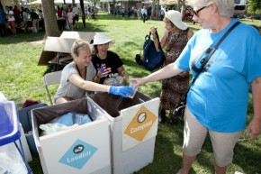 Sustainability volunteers helped visitors sort waste into recycling, compost, and landfill-bound trash at resource recovery stations throughout the mall. Photo by Brian Barger, Ralph Rinzler Folklife Archives