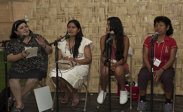 At El Hablador, Wachiperi scholar Nely Margot Ninantay Yonaje (second from left) shared her community's efforts to preserve their language with Danna Gaviota Tello Morey and María Nieves Nashnato Upari from Radio Ucamara. Photo by Brian Barger, Ralph Rinlzer Folklife Archives