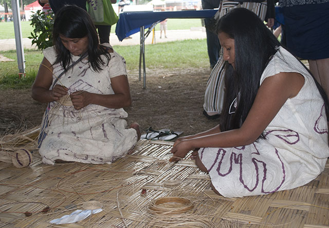 Sofía Solisonquehua Untamay and Odette Marlid Ramos Dumas demonstrated Wachiperi basket weaving traditions at the Festival. Photo by J.B. Weilepp, Ralph Rinzler Folklife Archives