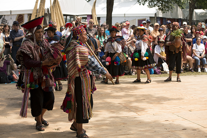 The weavers from the Centro de Textiles Tradicionales del Cusco performed a second alpaca fiber blessing ceremony, beginning and ending with traditional music and dance. Photo by Pruitt Allen, Ralph Rinzler Folklife Archives