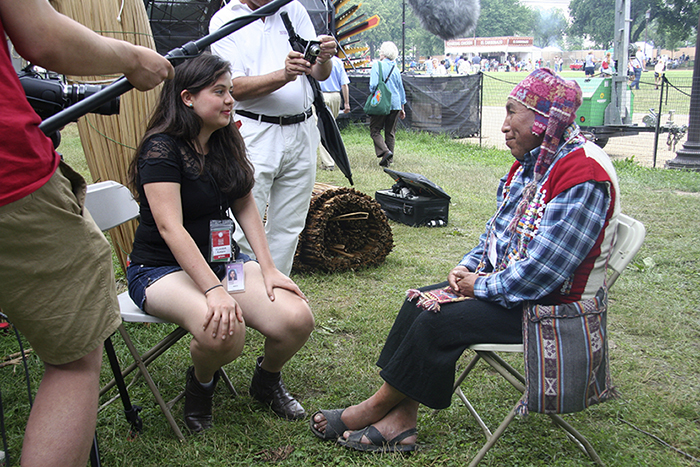 Video intern Claudio Romano interviewed Timoteo Ccarita Sacaca about his work with the Centro de Textiles Tradicionales del Cusco. Photo by Sarah Bluestein, Ralph Rinzler Folklife Archives