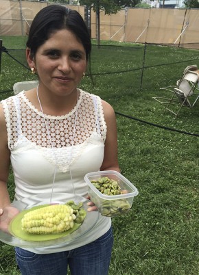 Katya Canto Lazo prepares the ingredients to make japchi de habas and choclo corn. Photo by Erin Kurvers, Ralph Rinzler Folklife Archives