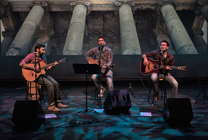 Mher Ajamian, Saro Koujakian and Ryan Demirijan of Armenian Public Radio at the Getty Center in Los Angeles. Photo courtesy of the artists