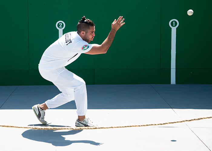 The Basque <em>pilota</em> players are right at home at the Frontoia, showing off their handball skills and teaching the sport to young visitors. Photo by Robert Friedman, Ralph Rinzler Folklife Archives