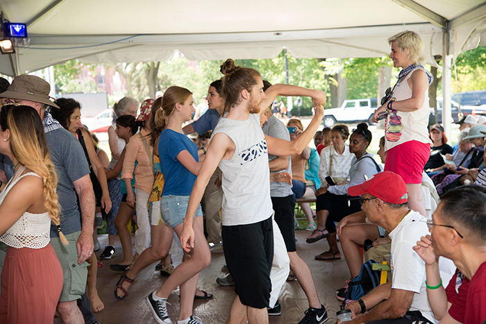 The Aukeran contemporary Basque dance troupe led a workshop in the Musika eta Dantza Etxea, getting visitors on their feet. Photo by Robert Friedman, Ralph Rinzler Folklife Archives