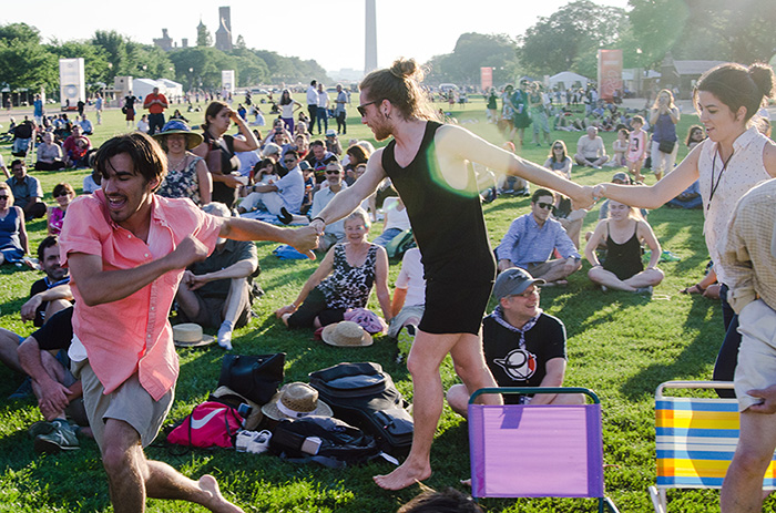 The day evening with an evening concert by Basque accordion virtuoso Kepa Junkera. Dancers from Aukeran and visitors joined in kalejira, the Basque festival tradition of "going around singing and dancing." Photo by Josh Weilepp, Ralph Rinzler Folklife Archives