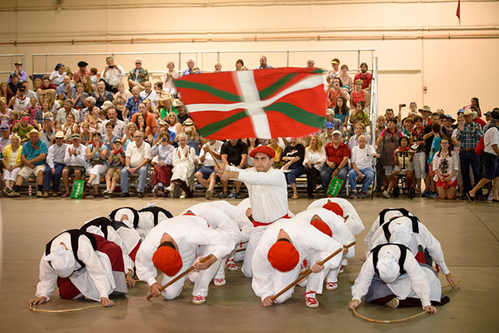 Gauden Bat, part of the Chino Basque Club in Southern California, performs at Jaialdi 2015. Photo by Linda Iriart