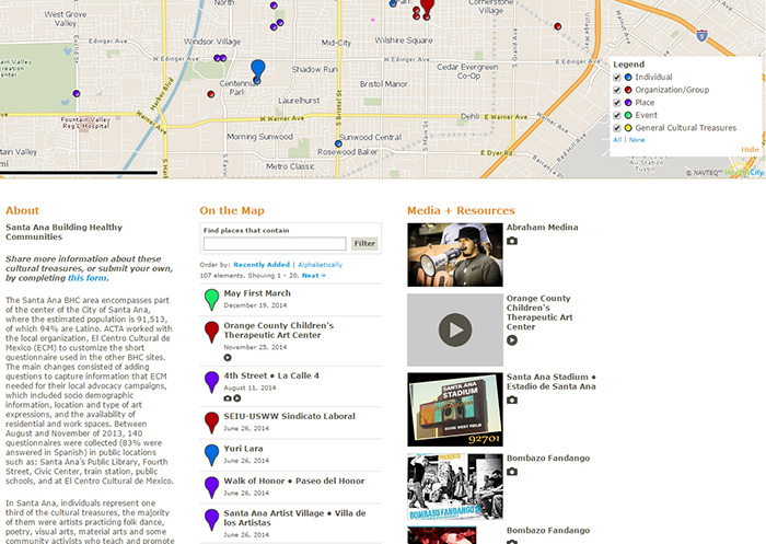 The Santa Ana Cultural Treasures map produced from the community-based research undertaken by ACTA for the California Endowment’s Building Healthy Communities initiative. Image courtesy of the Alliance for California Traditional Arts