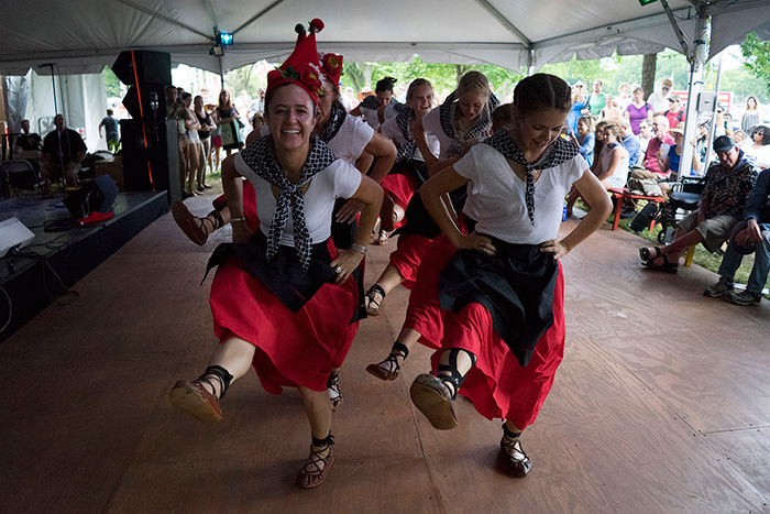 The Basque Dancers of the Great Basin from Elko, Nevada, have packed the Musika eta Dantza Etxea each day with their festive routines and bright costumes. Photo by Caroline Angelo, Ralph Rinzler Folklife Archives