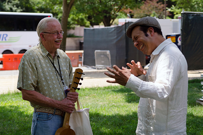 Daniel Sheehy, Sounds of California presenter and former Smithsonian Folkways Recordings director, shares a moment with FandangObon instrument maker Ramón Gutiérrez. Photo by Josh Weilepp, Ralph Rinzler Folklife Archives