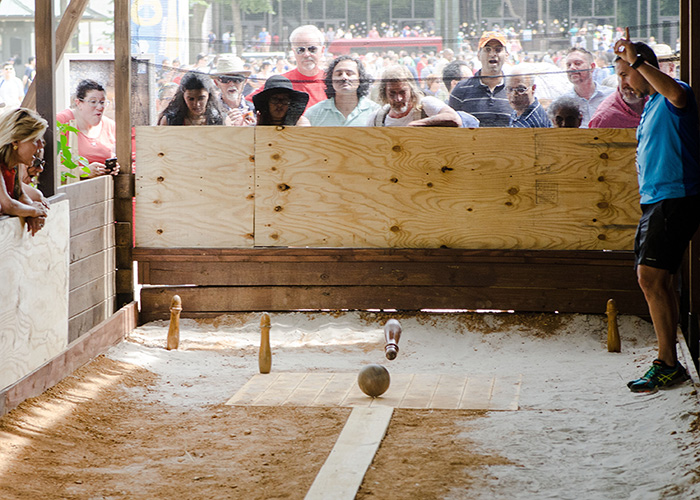 Today Basque athlete Juan Maria “Txirpu” Aurtenetxe opened up the bola-jokoa bowling alley for the first time. Visitors are invited to try their hand at the Basque version of the sport. Photo by Josh Weilepp, Ralph Rinzler Folklife Archives