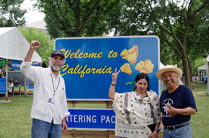 Radio Bilingüe producers SAmuel Orozco, Chelis López, and Hugo Morales find themselves right at home in the <em>Sounds of California</em> program. Photo by Josh Weilepp, Ralph Rinzler Folklife Archives