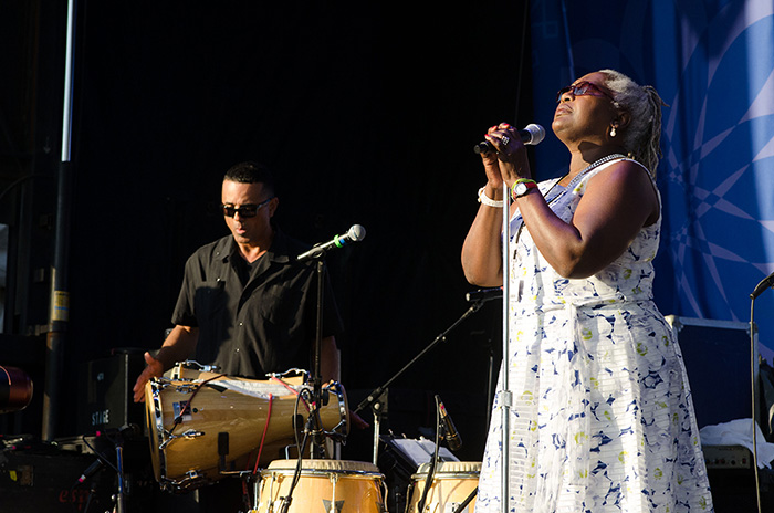 John Santos and Bobi Céspedes closed out the night on the Ralph Rinzler Concert Stage with a mix of North, South, Central, and Caribbean American jazz. Photo by Josh Weilepp, Ralph Rinzler Folklife Archives