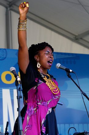 Youth Speaks, a spoken word and education program based in the San Francisco Bay Area, hosted a double-session in the Sounds of California Stage & Plaza. Antique capped off the performances with her warrior call. Photo by SarahVictoria Rosemann, Ralph Rinzler Folklife Archives