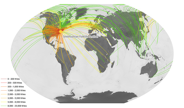 All 785 survey participants visualized as individual lines connecting their places of birth, home, and residence to Washington, D.C. Participants have traveled over 2,123,910 miles totaled between their places of birth, home, and residence, averaging 2,705 miles each.