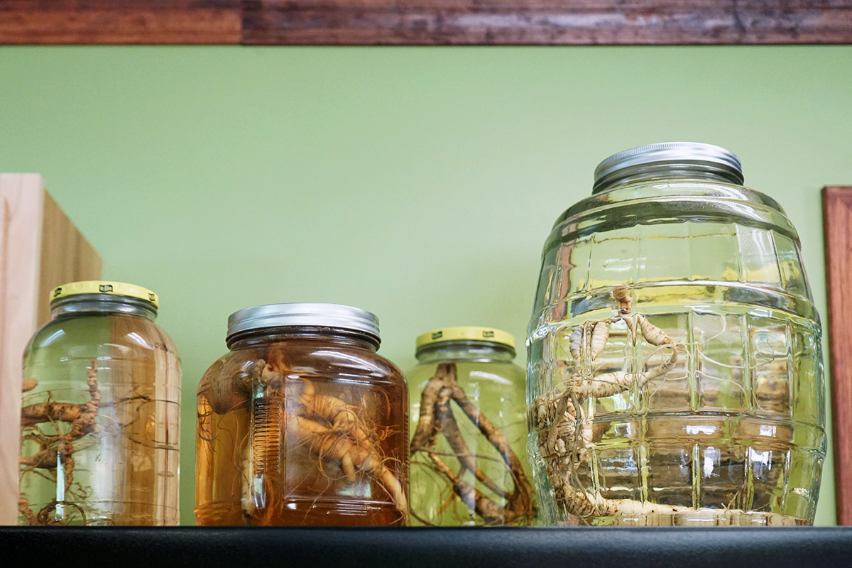 Some choice wild American ginseng roots are proudly displayed in jars with preservative in Tony Coffman’s office. Photo by Arlene Reiniger
