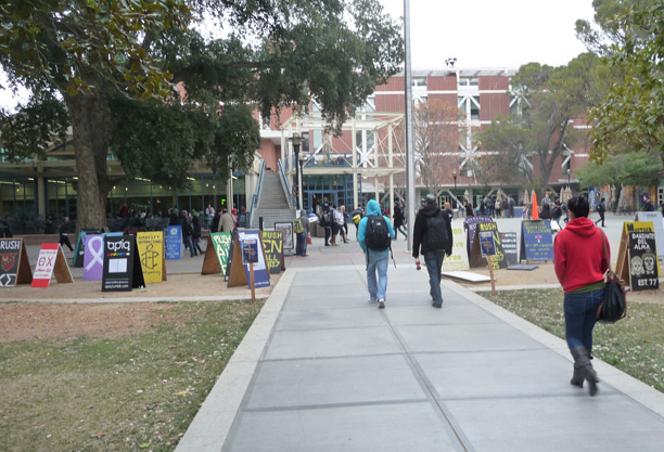 UC Davis campus looking toward Student Union. Campus organizations advertise their events on 