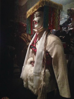 A qolla costume like those used to represent paña (male) in Quechua ceremonial dances, on display in the Our Universes exhibit at the National Museum of the American Indian. Photo by Georgia Dassler